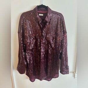 Anthropologie Burgundy Sequin Button Down Shirt